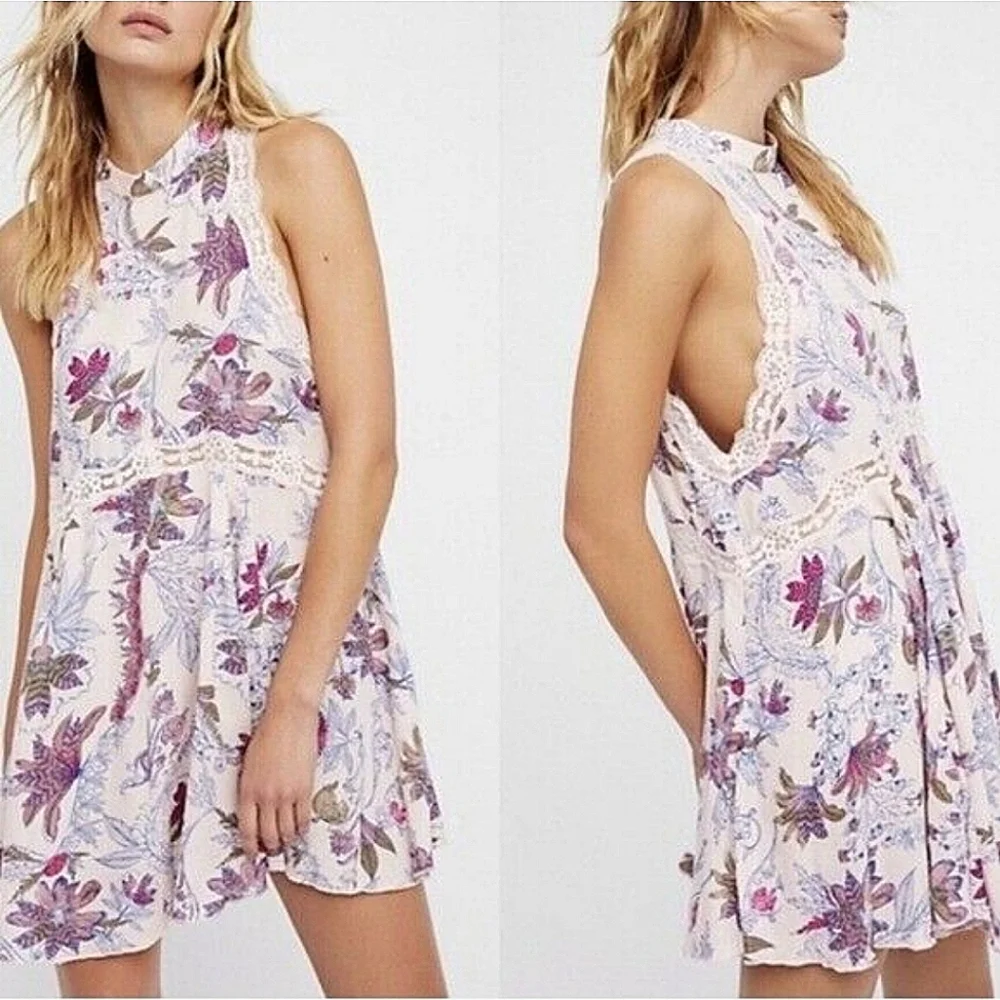 Free People She Moves Chemise high neck lace trim mini dress size S - Picture 1 of 6